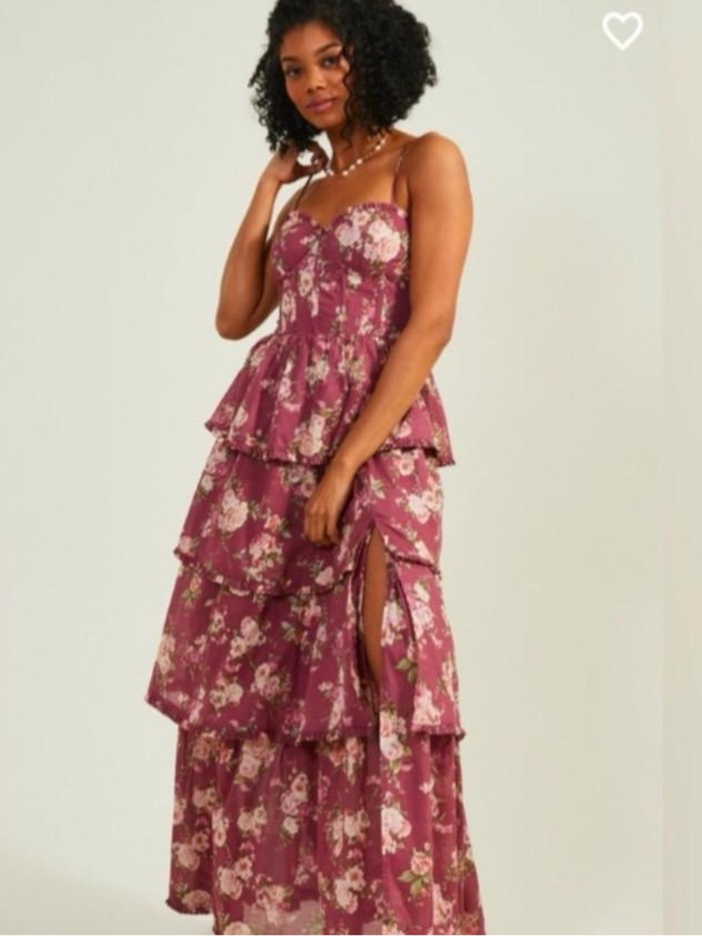 Altar’s State Corset Lace Up Floral Tiered Maxi Dress in Maroon Pink Medium